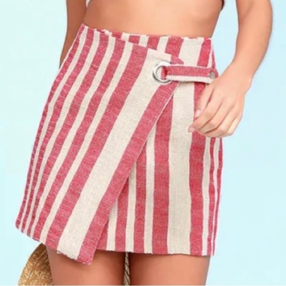 NWT Free People “ It’s a Wrap “ Red / Tan Striped Burlap Asymmetrical Skirt XS